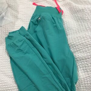 Figs Aqua Jogger Pants with Coral Accents